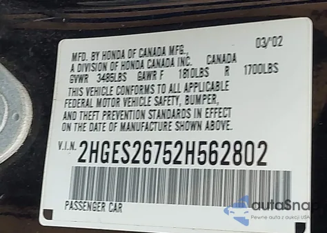 2002 Honda Civic Ex из США, поврежденный, VIN 2HGES26752H562802